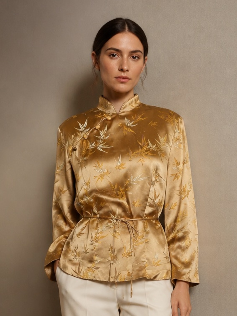 Jessica Howard Vintage 90s Robe Kimono Satin Top Jacket Faux Wrap Gold Sz Large - Picture 13 of 13